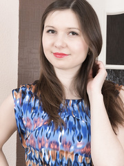 Cute beauty Slava Sanina squats nude & widens to show a gaping shaggy muff