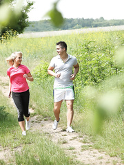 Juvenile golden-haired angel interrupts her every day jog to group-sex her bf in the woods
