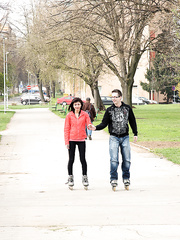 Small legal age teenager with darksome hair acquires gangbanged after a day of roller blading