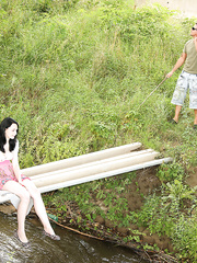 Black haired legal age teenager copulates beneath an overpass and swallows semen also