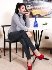 Darksome haired honey releases her nylon overspread feet from red heels