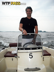 Brunette Hair non-professional shows her bazookas and vagina on a speed boat out on the water