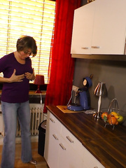 Aged housewife acquires boned in the kitchen by her sexually excited old dude