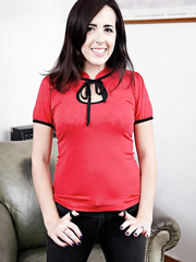 Darksome haired aged housewife Dixie Comet showcases her trimmed twat