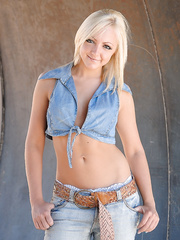 Hot legal age teenager cutie with golden-haired hair exposes her good milk shakes and naked gazoo