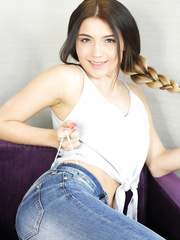 Solo angel Adria Rae pulls lace pants out of her slit during solo act