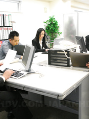 Japanese businesswoman Ai Mizushima receives team-fucked in her office