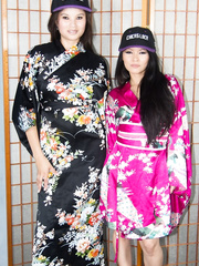 Oriental lookers Miyuki Son & Lady Mae licking natural bumpers in satin robes