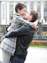Cute legal age teenager giving a kiss her BF and engulfing in nature's garb on her knees after twat take up with the tongue