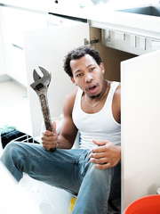 Lascivious wife Lily Adams jumps the plumber's bone in interracial kitchen gangbang