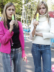 Legal Age Teenager lesbian babes head to a public park to flash their scones and bums