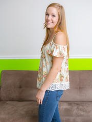 Cute golden-haired non-professional does a slow striptease to disclose her miniature bazookas and gazoo