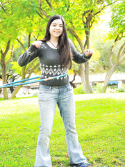 Plump non-professional honey flashing large natural mambos outdoors in blue jeans