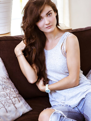 Legal Age Teenager hottie shedding ripped jeans on way to widening hairless twat