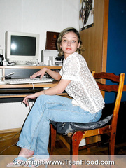 Lustful female student Irina acquires nude at the computer desk