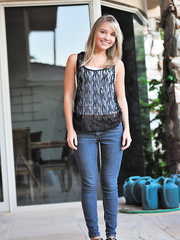 Glamorous legal age teenager pinching her nipps and widening her legs in the garden