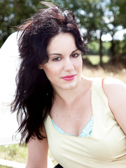 Darksome haired non-professional disrobes for stripped sun bathing on lounge chair in backyard