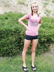 Non-Professional model Small Tiff slips her shorts and pants over her constricted booty