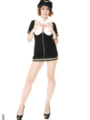 Leggy cutie Marina Visconti frees large naturals from pilot uniform as that babe undresses