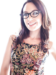 Slutty female Sarah Shevon in glasses & silk nylons bows over & widens gazoo