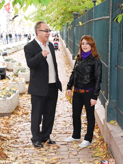 White gal readies to blow an old dude after getting picked up on street