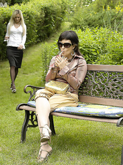 Fully dressed females fun every others lesbo muff in the back yard