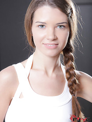 Smiley face diminutive titted European Tini in knee socks masturbating hairless cookie