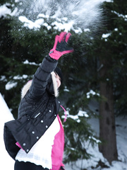 Barely legal dark brown rubs her slit on a snowy day behind a cabin in woods