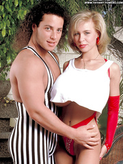 Illustrious pornstar Tiffany Towers has her monster milk sacks bare by her stud