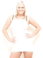 Shapely golden-haired Victoria Summers sheds white suit to caress large floppy mambos