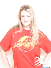 Hawt golden-haired Brook Little undressing to show great large zeppelins wearing hawt pants