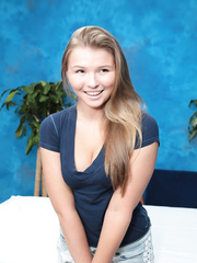 Cute eighteen year old with a shaved cookie receives screwed after being oiled by masseur