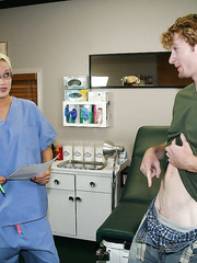 Lascivious golden-haired sweetheart in nurse uniform and glasses jerking off a large jock
