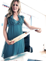 Golden-Haired businesswoman Sam Tye changes into hot hosiery to work in the stripped