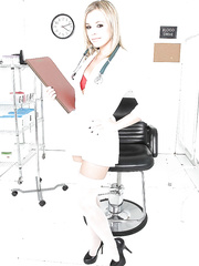 Hawt nurse in uniform and white nylons Bree Olson disrobes and widens