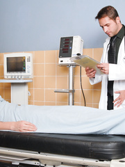 Breasty nurse in uniform Charlie Follow receives hard jock treatment in exam room