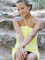 Cute legal age teenager Mango A in mini costume widening outdoors for closeup of hairless cookie