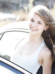 Cute brunette hair minx enjoys stripping and widening her fur pie outdoors