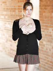 Non-Professional abbe letting large natural schoolgirl milk sacks loose outdoors in socks