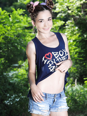 Thin legal age teenager gal Susie finds a secluded play in woods to disrobe bare