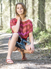 Legal Age Teenager beauty uncovers her large natural bumpers and hairless cum-hole on hiking trail in woods