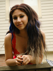 Glamorous legal age teenager Hotty flashing sexy panty upskirt and teasing in strap outdoors