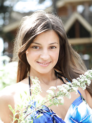 Cute legal age teenager Melena A fingering arse in the woods & baring giant teats