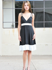 Nasty legal age teenager cutie hikes up her suit in public and widens her pink cunt