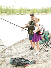 Youthful blonde angel seduces her boyfriend whilst this chab's trying to fish