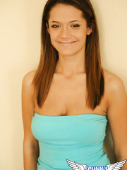 Beautiful brunette hair Brittany Maree lets bare large bazookas hang & flashes panty upskirt