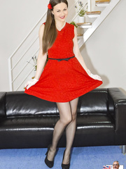 Juvenile wench in a red costume blows an old dude in advance of riding his knob