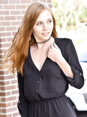 Slender youthful Eva shows her meatballs in public & undresses to widen twat for closeup