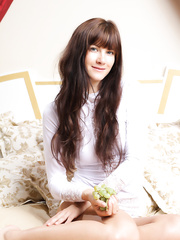 Erotic legal age teenager Lauren Crist sheds her white pants to show bald slit close up