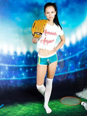 Teenage sweetie with merry meatballs Lada announces a baseball game by stripping